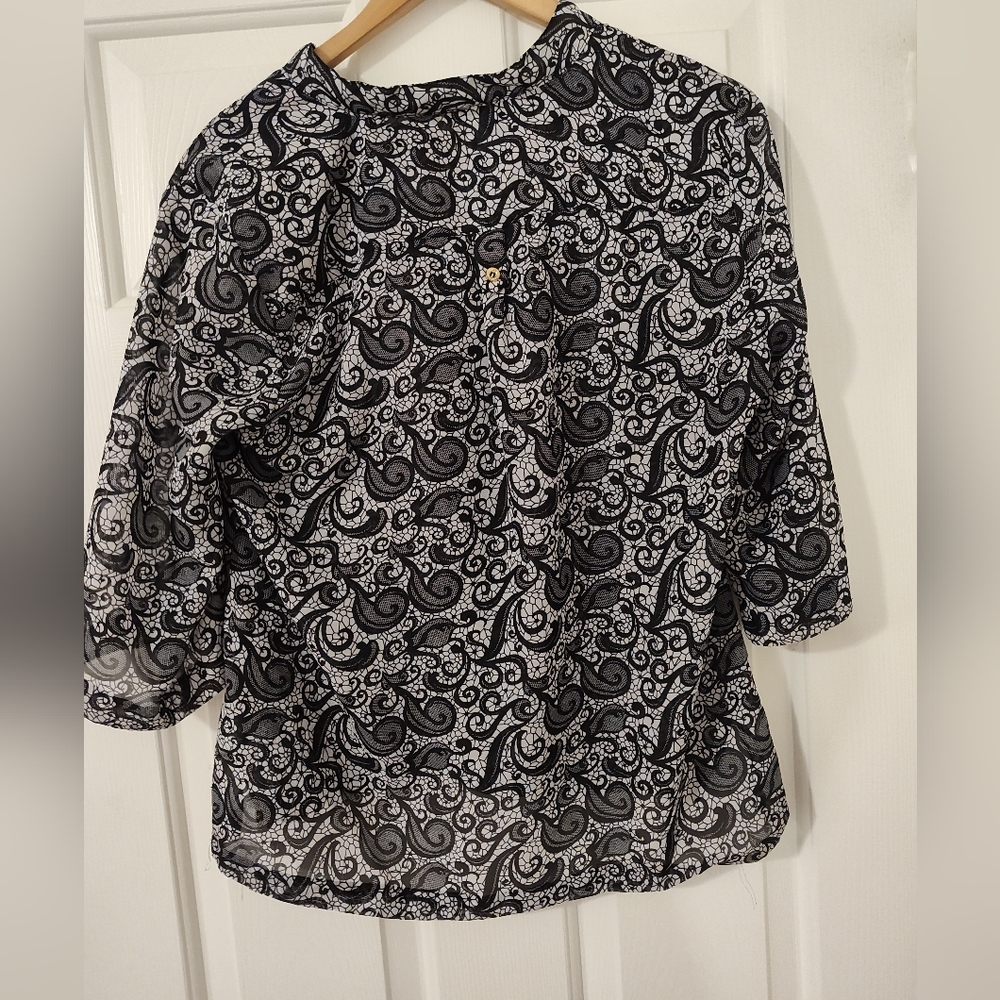 Cato women's blouse, gold buttons, 3/4 sleeve, black/white, size L - Picture 3 of 4